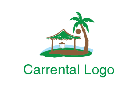 lounger under tent and palm tree on island travel logo icon