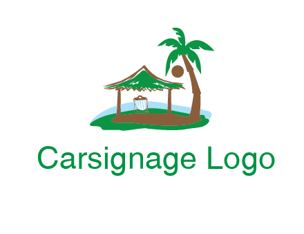 lounger under tent and palm tree on island travel logo icon