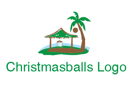 lounger under tent and palm tree on island travel logo icon