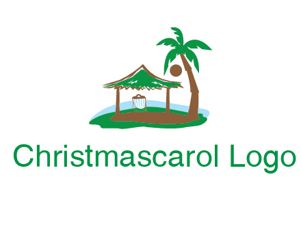 lounger under tent and palm tree on island travel logo icon
