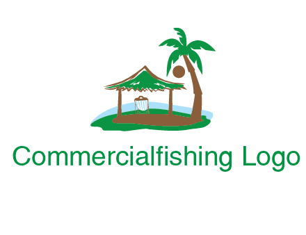 lounger under tent and palm tree on island travel logo icon