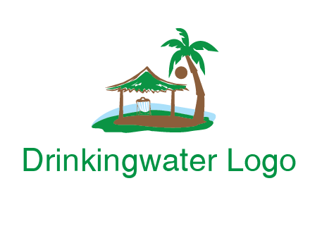 lounger under tent and palm tree on island travel logo icon