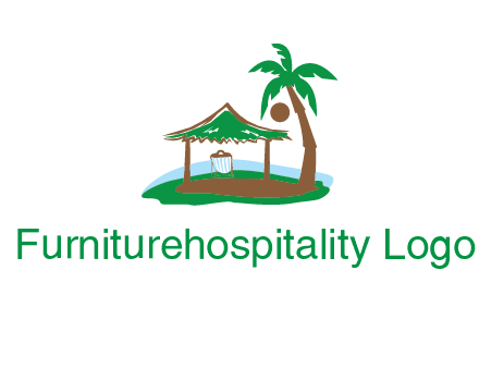 lounger under tent and palm tree on island travel logo icon