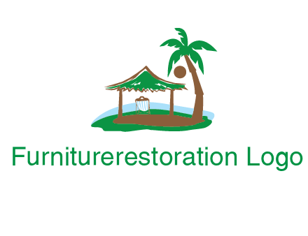 lounger under tent and palm tree on island travel logo icon