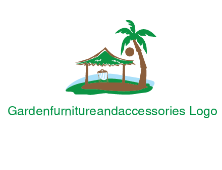 lounger under tent and palm tree on island travel logo icon