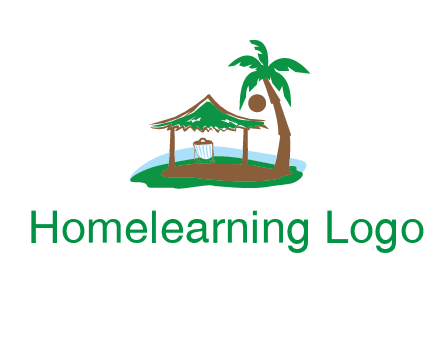 lounger under tent and palm tree on island travel logo icon