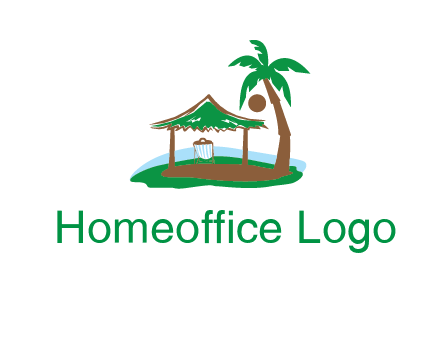 lounger under tent and palm tree on island travel logo icon