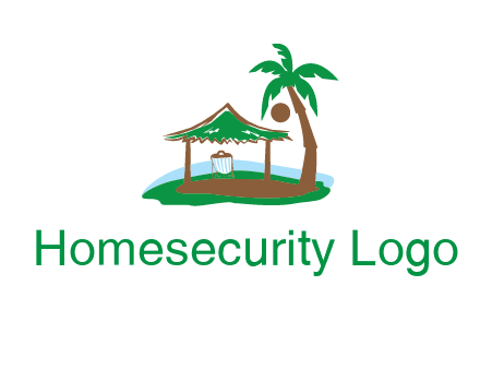 lounger under tent and palm tree on island travel logo icon