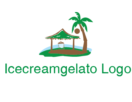 lounger under tent and palm tree on island travel logo icon