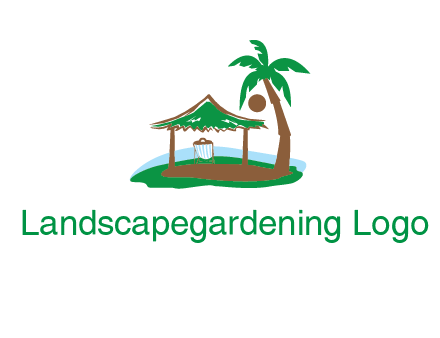 lounger under tent and palm tree on island travel logo icon