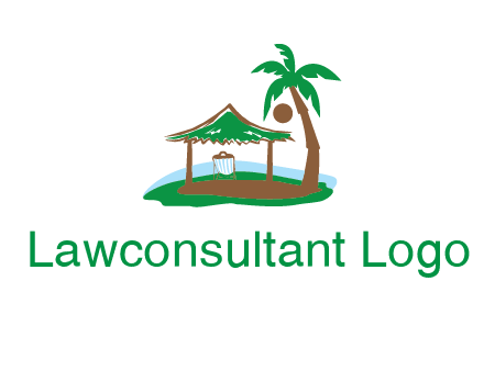lounger under tent and palm tree on island travel logo icon