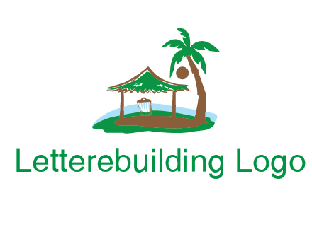 lounger under tent and palm tree on island travel logo icon