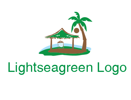 lounger under tent and palm tree on island travel logo icon
