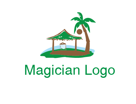 lounger under tent and palm tree on island travel logo icon