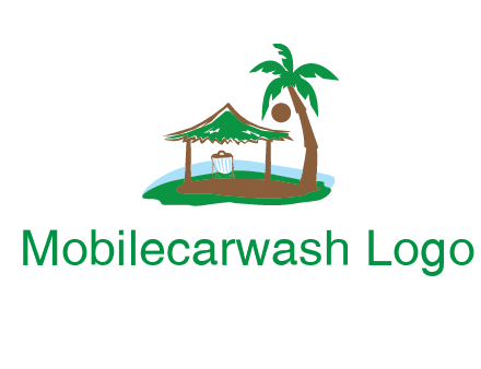 lounger under tent and palm tree on island travel logo icon