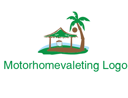 lounger under tent and palm tree on island travel logo icon