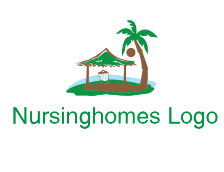 lounger under tent and palm tree on island travel logo icon