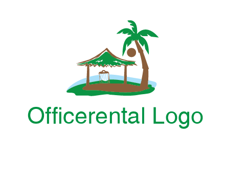 lounger under tent and palm tree on island travel logo icon