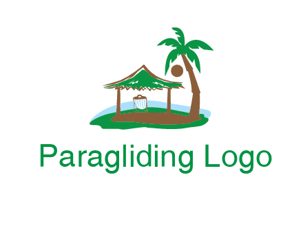 lounger under tent and palm tree on island travel logo icon