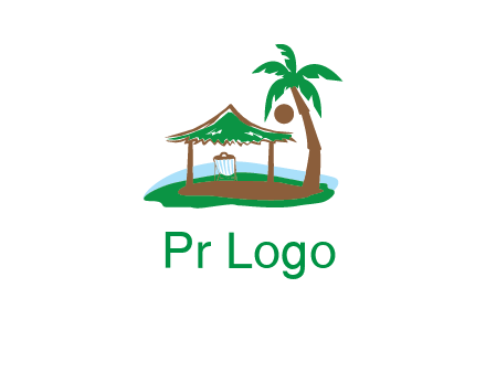 lounger under tent and palm tree on island travel logo icon