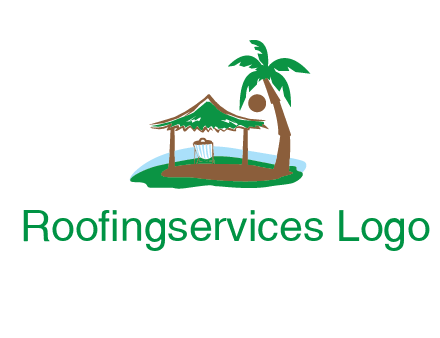 lounger under tent and palm tree on island travel logo icon