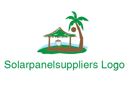 lounger under tent and palm tree on island travel logo icon