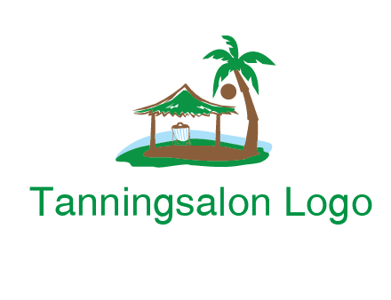 lounger under tent and palm tree on island travel logo icon