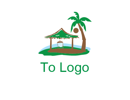 lounger under tent and palm tree on island travel logo icon