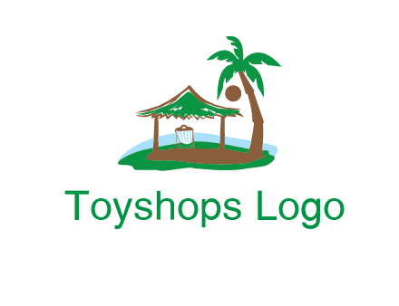 lounger under tent and palm tree on island travel logo icon