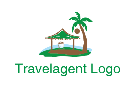 lounger under tent and palm tree on island travel logo icon