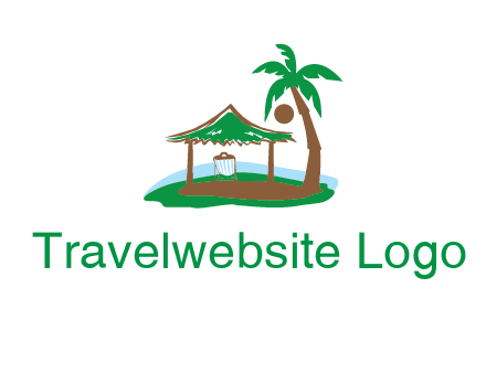 lounger under tent and palm tree on island travel logo icon