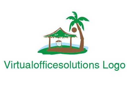 lounger under tent and palm tree on island travel logo icon