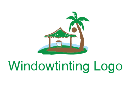 lounger under tent and palm tree on island travel logo icon