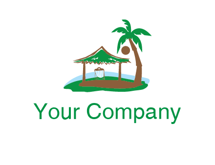 lounger under tent and palm tree on island travel logo icon