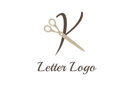 scissors is placed in front of letter k logo