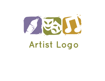 three rounded square with art brush mask and music icon logo