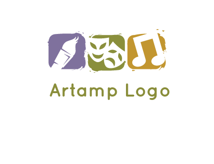 three rounded square with art brush mask and music icon logo