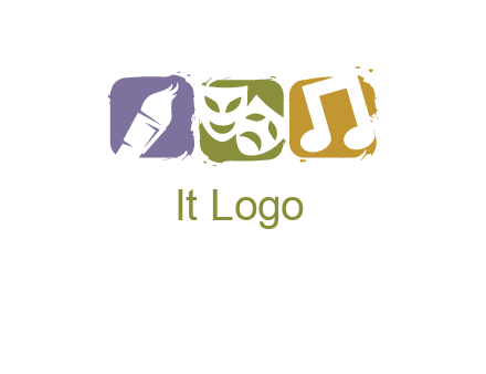three rounded square with art brush mask and music icon logo