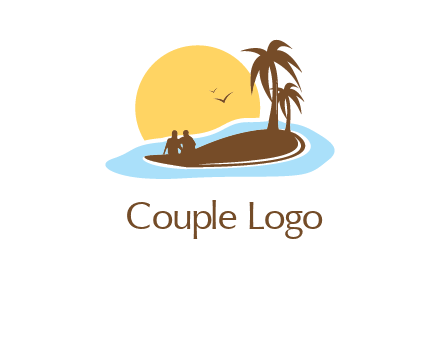 sun behind couple on island and palm trees travel logo