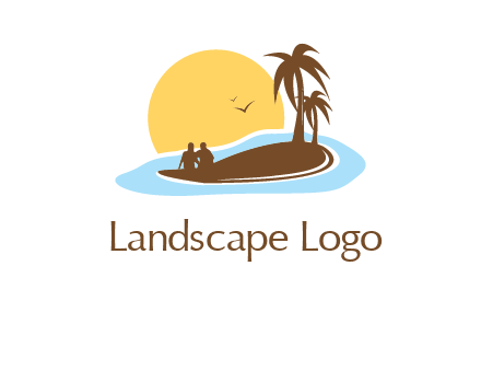 sun behind couple on island and palm trees travel logo
