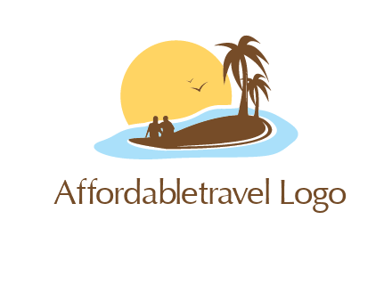 sun behind couple on island and palm trees travel logo