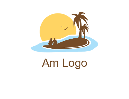 sun behind couple on island and palm trees travel logo