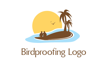 sun behind couple on island and palm trees travel logo