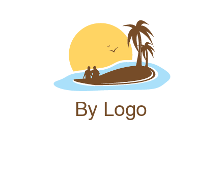 sun behind couple on island and palm trees travel logo