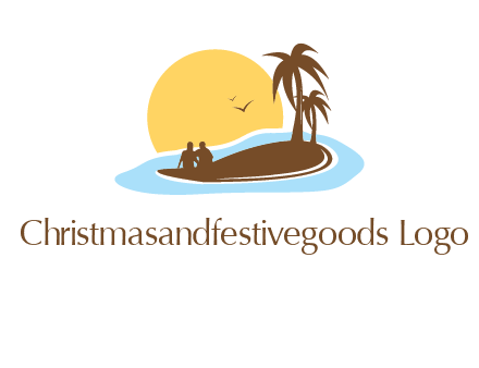 sun behind couple on island and palm trees travel logo