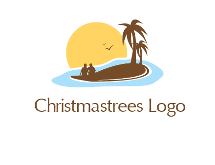 sun behind couple on island and palm trees travel logo