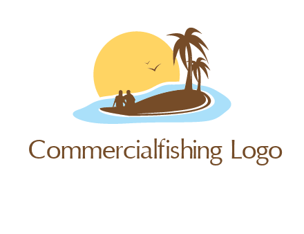sun behind couple on island and palm trees travel logo