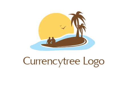 sun behind couple on island and palm trees travel logo