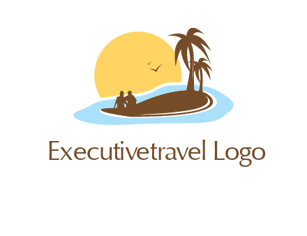 sun behind couple on island and palm trees travel logo