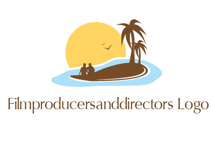 sun behind couple on island and palm trees travel logo